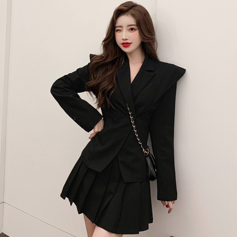 Spring Fashion Women 2 Piece Set Elegant Notched Collar Chic Blazers Top + Pleated Mini Skirts Suit 210518