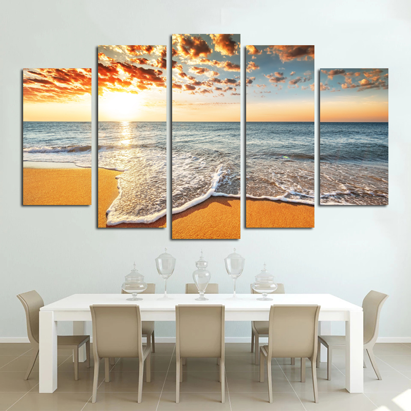 5 Panels Seascape Poster Sea Beach Decorative Painting Printed On Canvas Big Size Wall Art Pictures For Living Room Home Decor