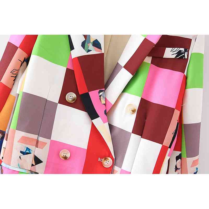 fashion women abstract art blazer office ladies pocket jackets casual female plaid long suits print girls chic sets 210430