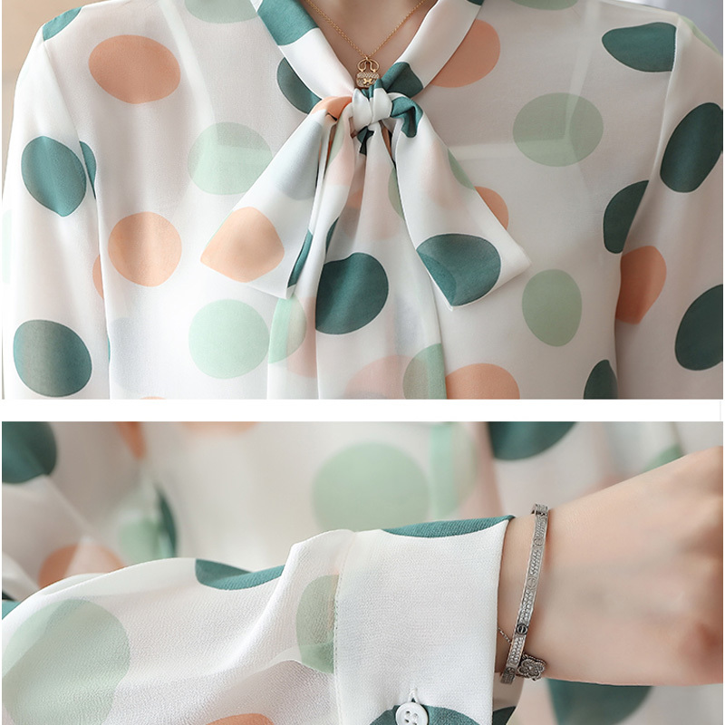 Spring Fashion Women Tops Carrot Color Sweet Dot Blouses Chiffon Long Sleeve Shirt Blusas Mujer De Moda Bow 8364 210518