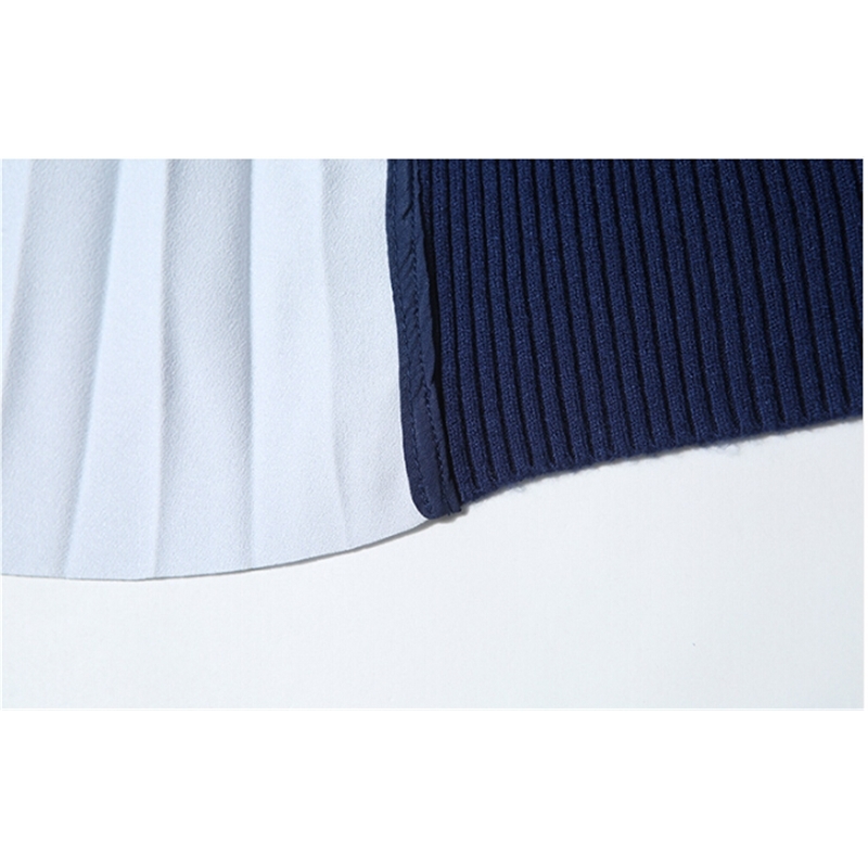 Elegant Knitted Patchwork Gradient Pleated Dress Women Long Sleeve Sweater Office Midi Vestidos With Belt 210520