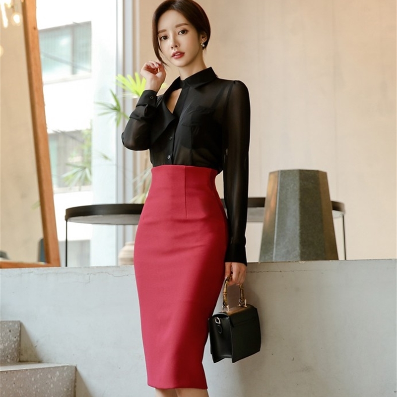 Women Autumn Office OL Work Wear 2 Pieces Set Sexy See Through Black Blouse Top + High Waist Red Pencil Bodycon Skirt 210519