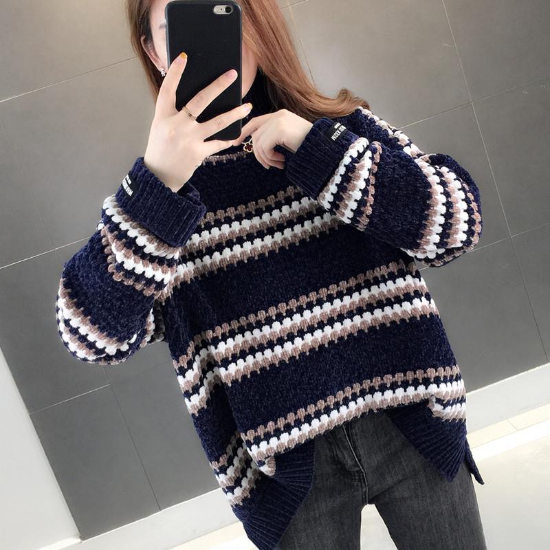 Turtleneck Sweater Women's Loose Outerwear Autumn And Winter Rainbow Stripe Gold Velvet Chenille Pullover Shirt 210427