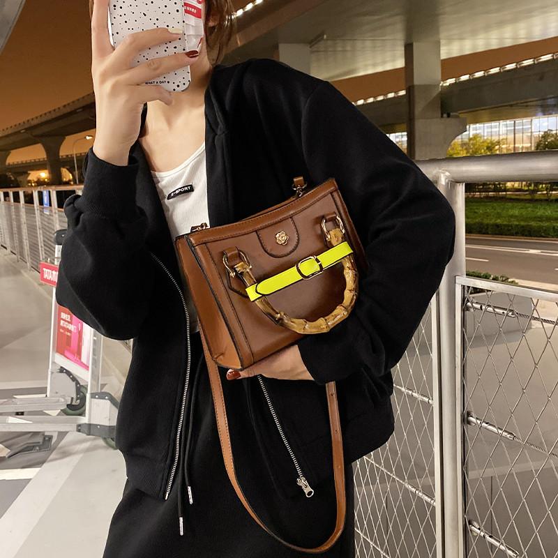 Evening Bags Vintage Square Crossbody Bag 2021 PU Leather Bamboo Handle Women's Designer Handbag Shoulder Messenger