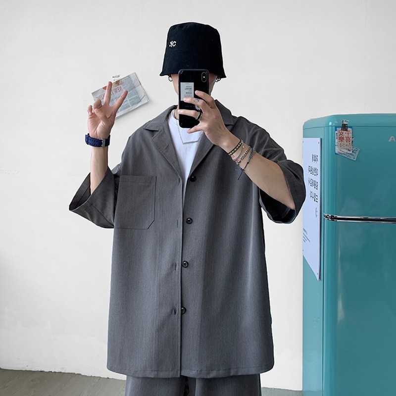 Men's Set Suit Summer Korean Style Casual Short Sleeve Jacket + Shorts Male Trendy Loose Knee-Length Solid Suit Oversize 210603