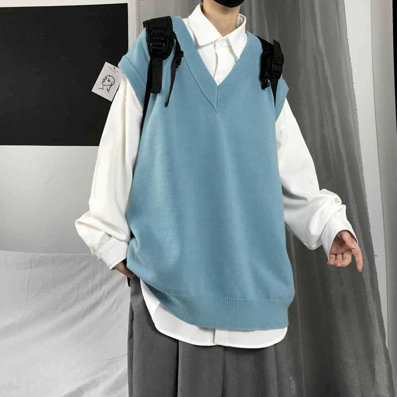 Men Sweater Vest Autumn Solid Color Knitted Male Korean Style Trend Loose V-neck Sleeveless Waistcoat Vest Sweater College Style 211018