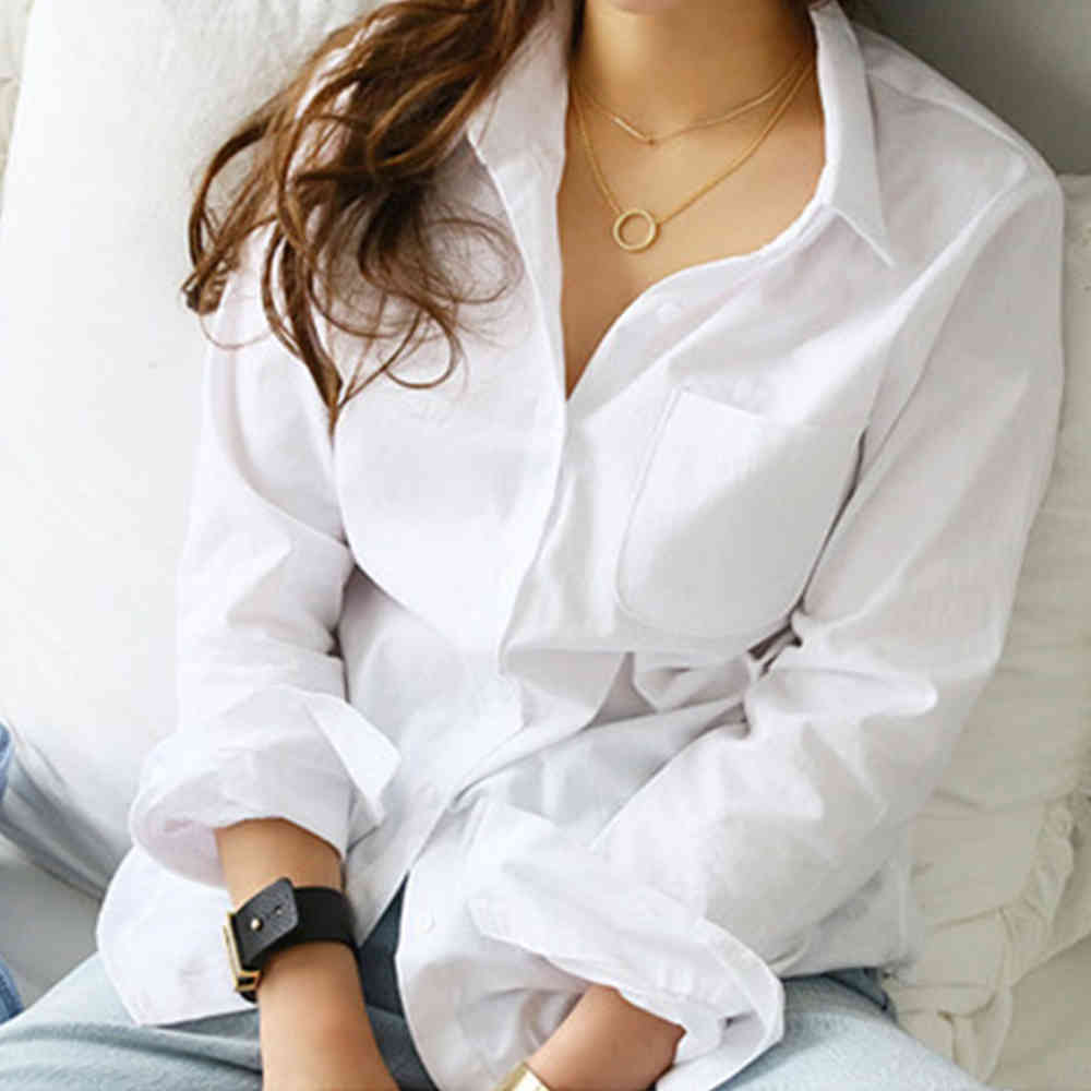Women Casual White Long Sleeve Turn Down Collar Shirt Office Lady Elegant Single Breasted Pocket Shirts Loose Tops 210428