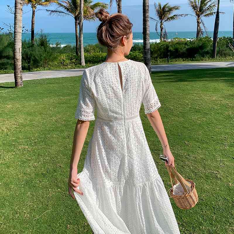 Lace Hollow Out Summer Dress Short Sleeve Long Dresses White Clothes For Full Women Vestidos 210520