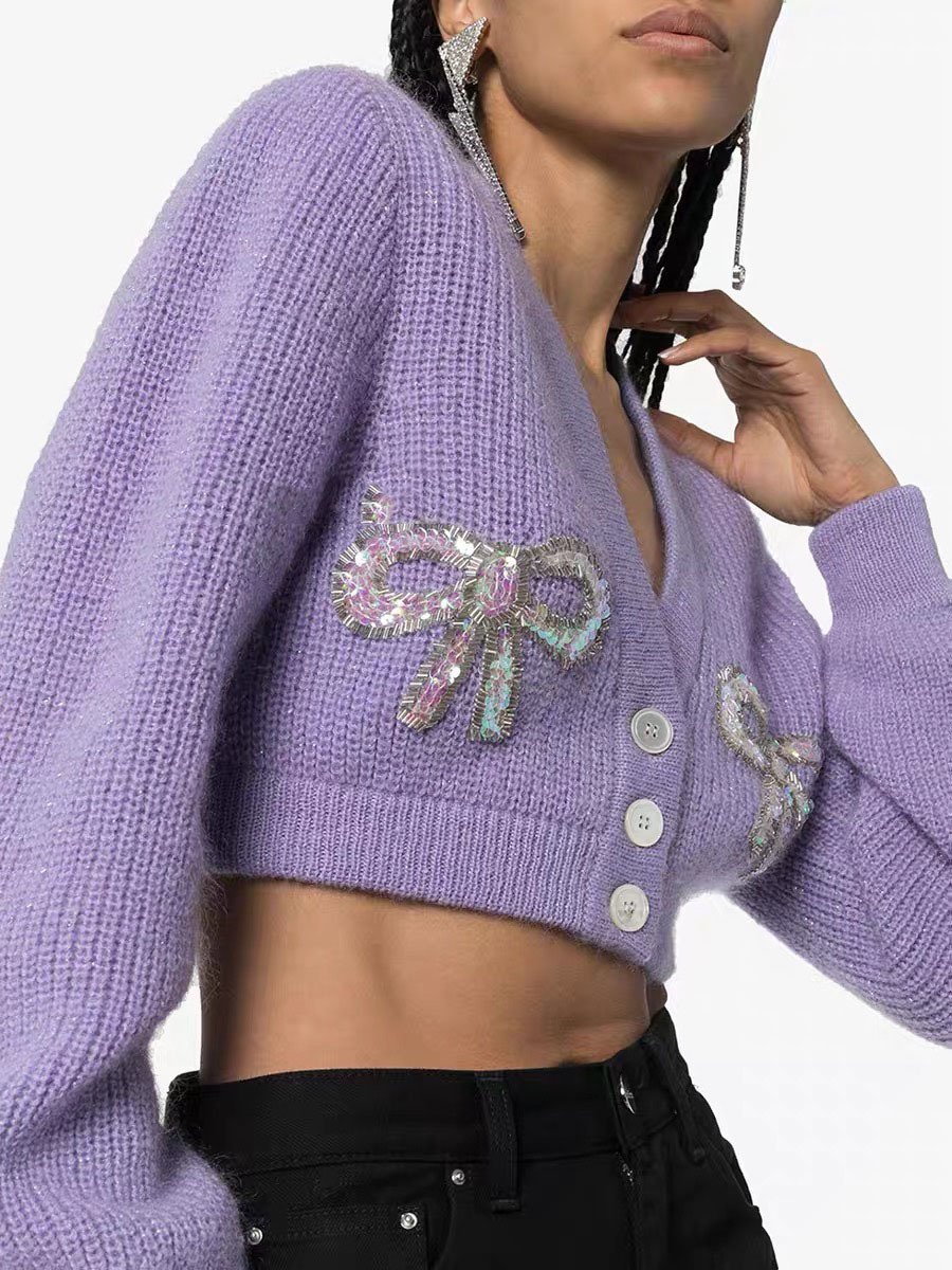runway bow sequined single breasted short sexy streetwear purple lantern sleeve chic cardigan women top pull femme 210421