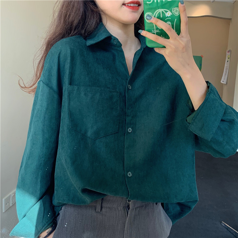 OL Shirt Women Long Sleeve Lapel Loose Fashion Solid Green Tops Casual Blouse Work Shirts Blusas Mujer De Moda 210421