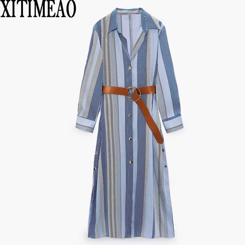 ZA Women Dresses Spring Autumn Vintage Stripe Casual Long Sleeve Shirt Dress Leisure Vacation Skirt With Belt 210604, Blue
ZA Women Dresses Spring Autumn Vintage Stripe Casual Long Sleeve Shirt Dress Leisure Vacation Skirt With Belt 210604, Blue