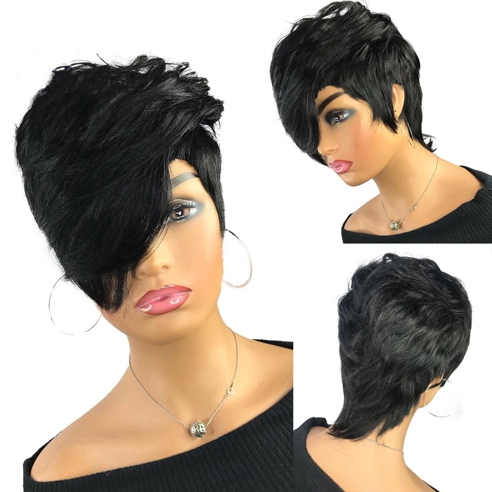 Short Wavy Bob Pixie Cut Full Machine Made Non Lace Front Human Hair Wigs With Bangs For Black Women Remy Brazilian