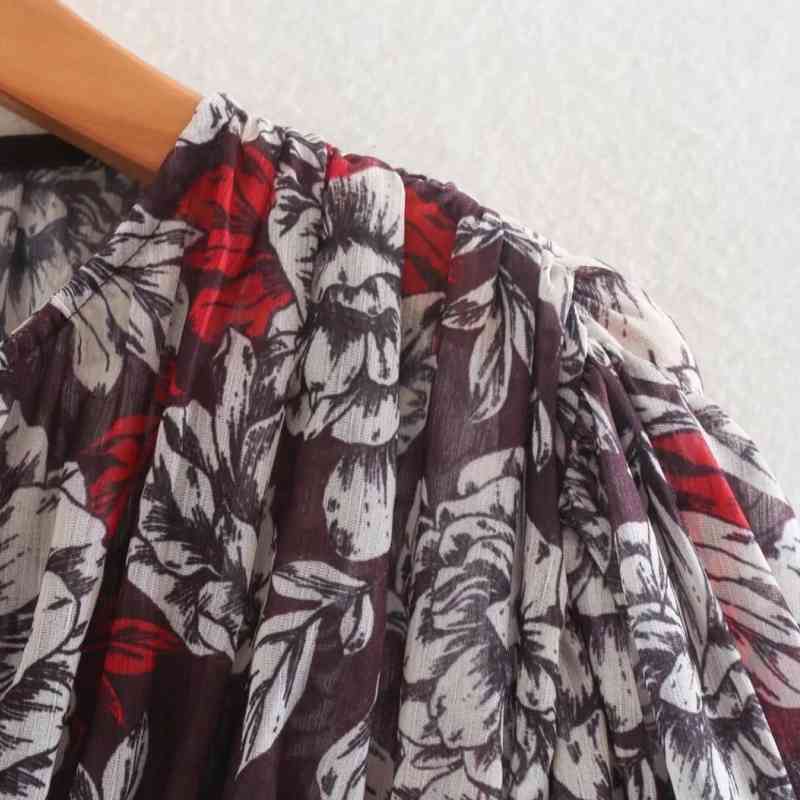 Vintage Women Flower Printed Chiffon Pleated Shirts Female Smock Long Sleeve Blouses Casual Lady Loose Tops Blusas S8226 210430