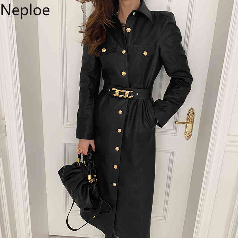 Neploe Korean Fashion Dress for Women Temperament Turn-down Collar Vestidos Single Breasted Belt PU Elegant Dresses Woman 4G320 210422