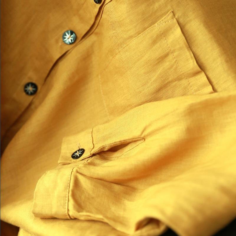 Spring Arts Style Women 3/4 Sleeve Loose Yellow Shirts All-matched Casual Solid Linen Blouse Femme Vintage Tops M250 210512