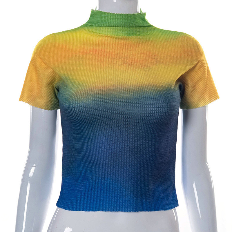 CNYISHE Regular Short Sleeve Gradient T Shirt Women Summer Tops Tees Casual High Neck Streetwear T-shirts Fenale Basic Shirts 210419