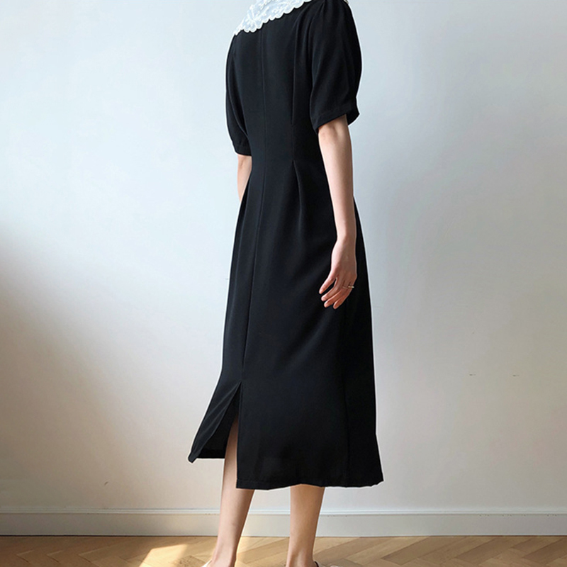 Black Chiffon Dress Women's Summer Lace Peter Pan Collar Waist Short Sleeve Mid-calf Dresses Female Tide 210427