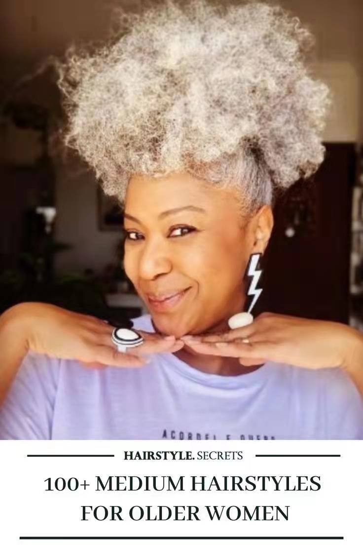 Afro Gray kinky Medium ponytail puff bun updo hairstyle for older women with drawstring clip in grey hairpiece dyeable natural two tone 120g