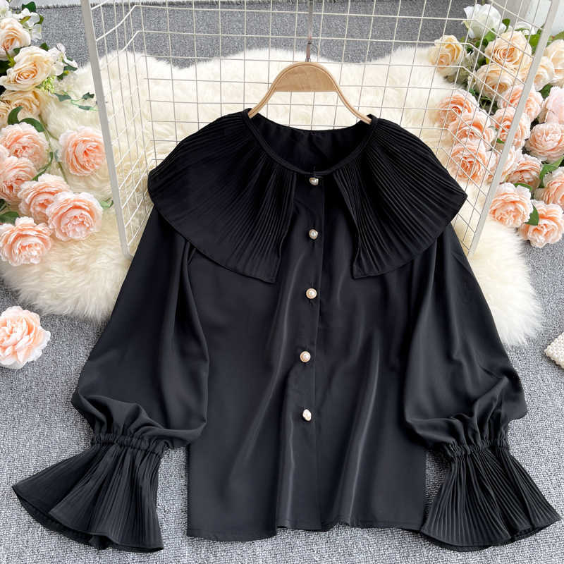 Women's Shirt Solid Folds Turn-down O-neck Long Flare Sleeve Single Breasted Casual Loose Daily Spring Summer Female Blouses 210603