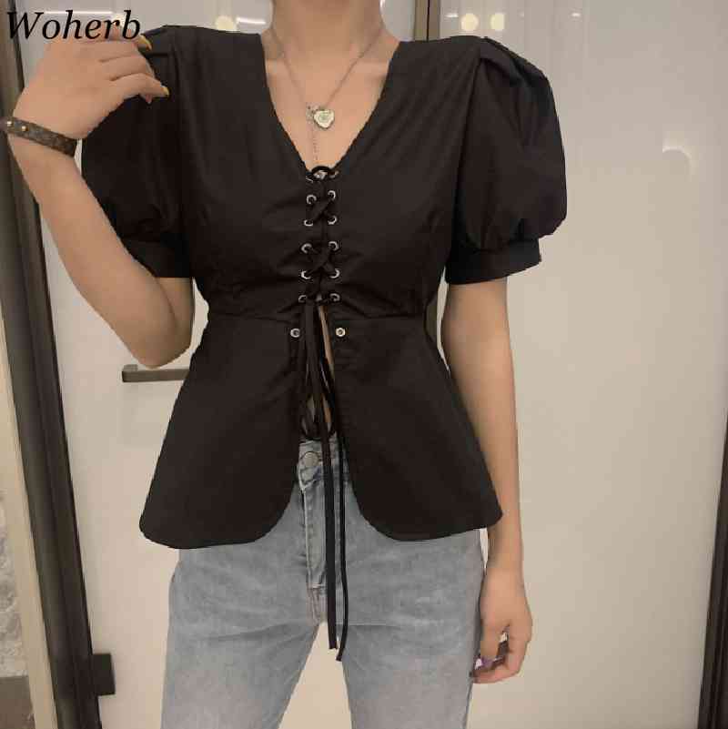 White Shirt Female Summer V Neck Slim Puff Short Sleeve Blouses Korean Temperament Single Breasted Lace-up Fashion Tops 210519