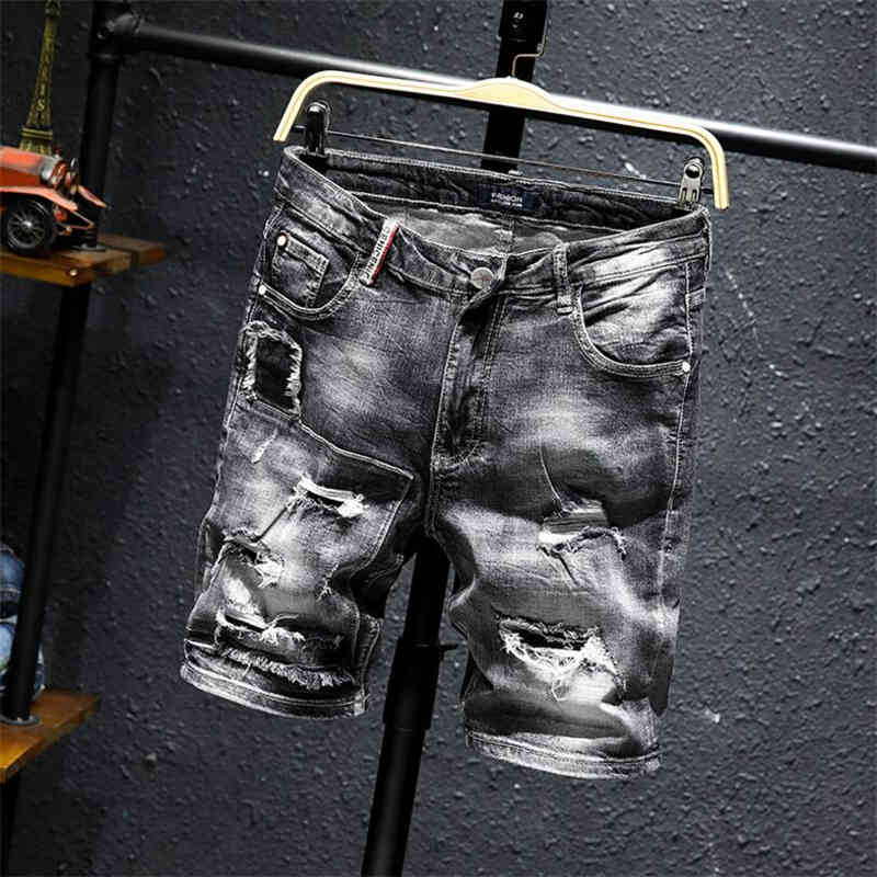 Men Gray Ripped Denim Shorts New Summer Holes Black Short Jeans High Quality soft Cotton Stretch Jean Short Knee Length Jeans 210401