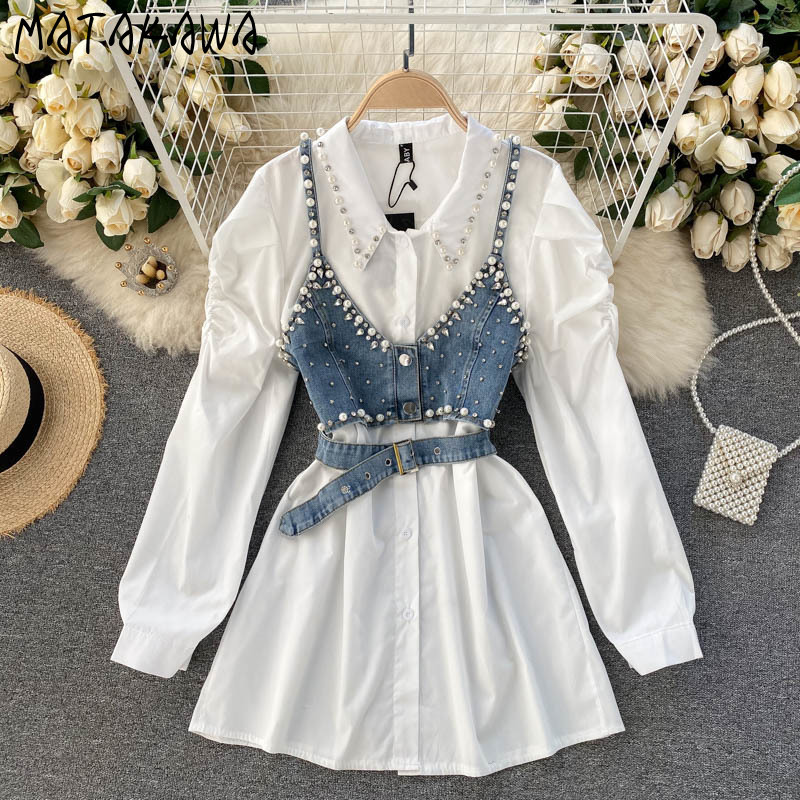 MATAKAWA Loose Women Blouses Lapel Beaded Ladies Shirt Stacking Bead Sling Waistcoat Chic Fashion Two-piece Set Women 210513
