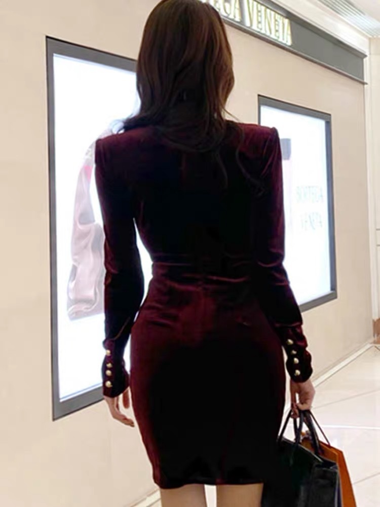 runway celebrity sexy mini dress women femme slim bodycom one button velvet red black long sleeve spring autumn dresses 210421