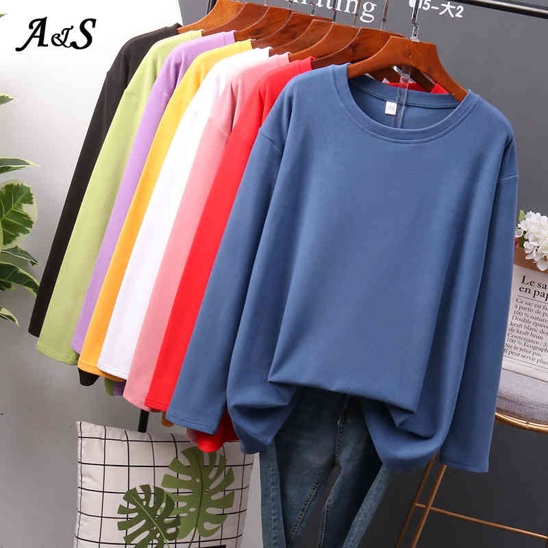 Anbenser Cotton Basic Long Sleeve Womens T-shirt Casual Black White Fashion Solid Top Ladies Fashion Korean Tee Shirt Plus Size 210406