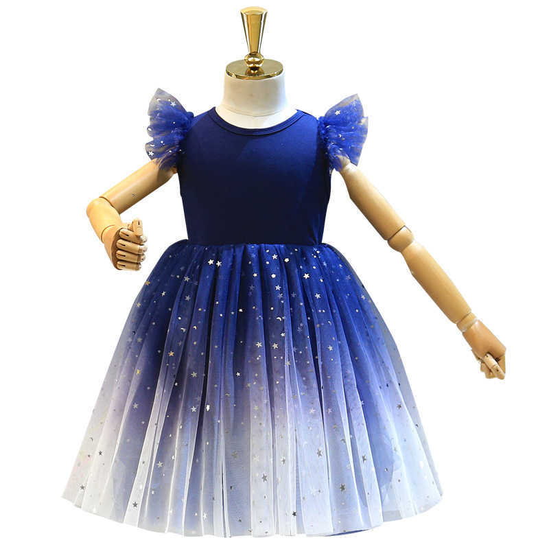 Girls Navy Sequins Stars Dress for Kids Tutu Princess Vestido Clothing Outfit Little 2-6yrs 210529