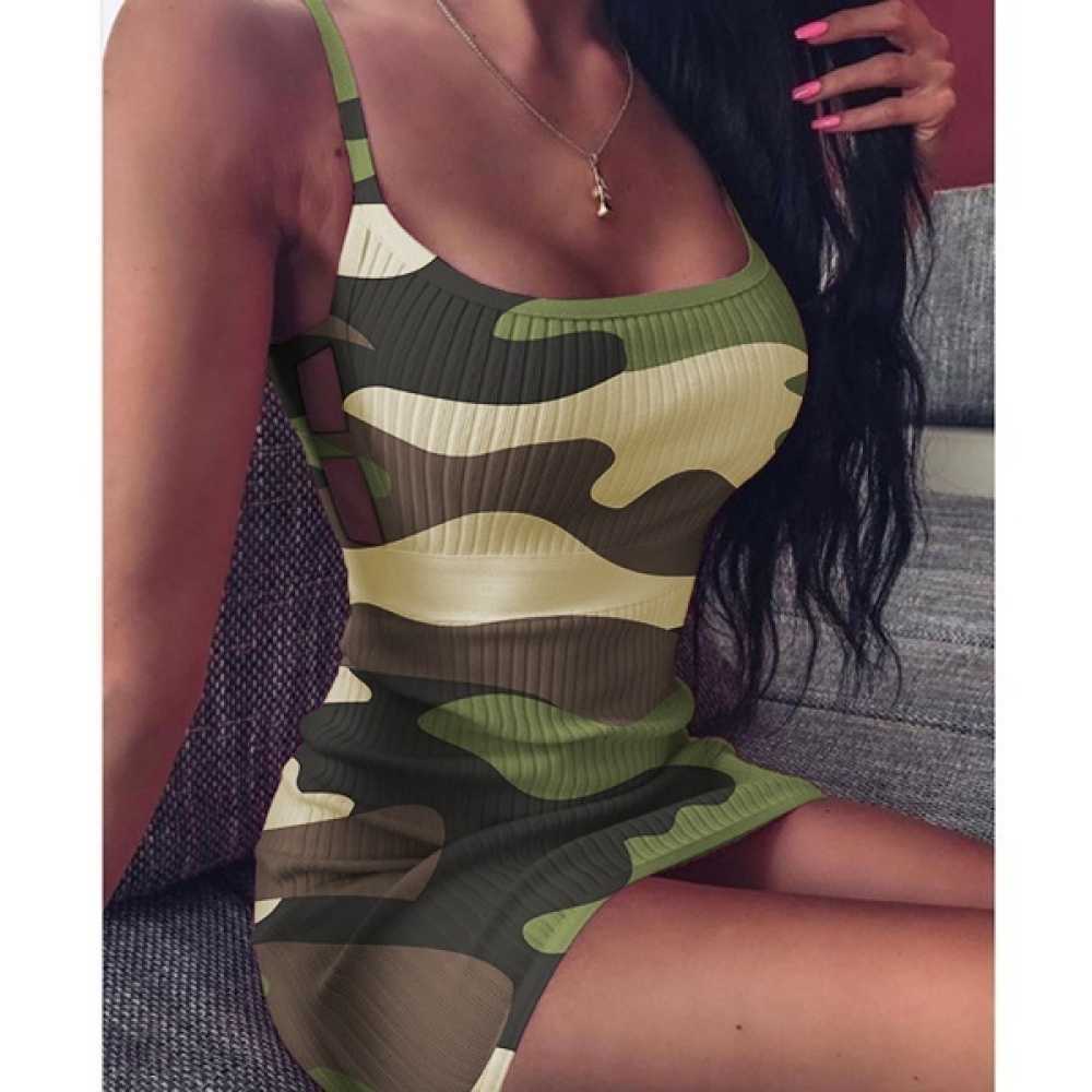 Womens Fashion Sleeveless Camouflage Print Bandage Package Hip Mini Dress Slim Fit Skinny Casual Pencil 210623