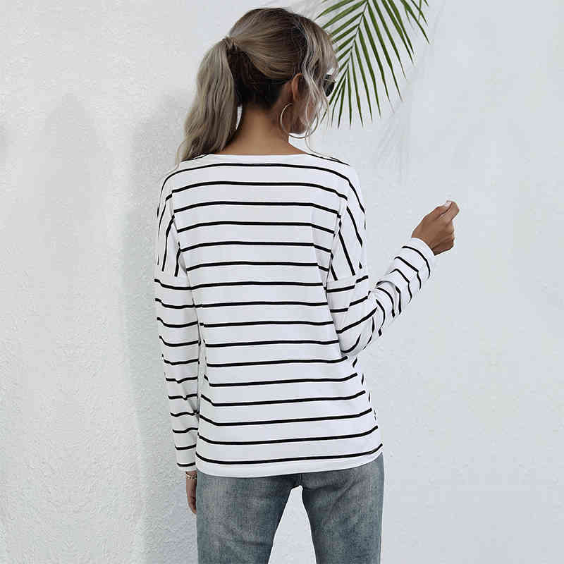 Basic Striped T Shirt Women Casual O Neck Full Sleeve Pullover Top Spring Bottoming T Shirt For Women New 210413