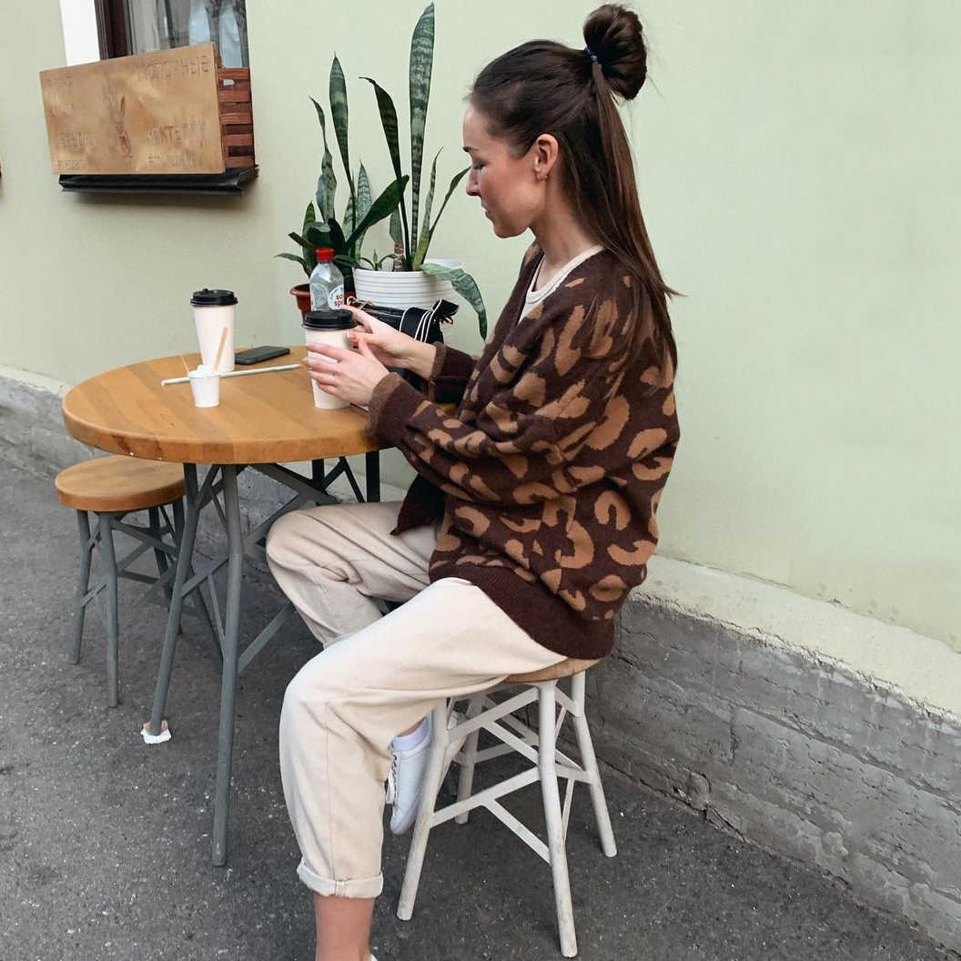 Harajuku Oversized Sweater Autumn Winter Leopard Cardigan Casual Loose Female Knitted Open Stitch V-neck Jumper C-221 210918