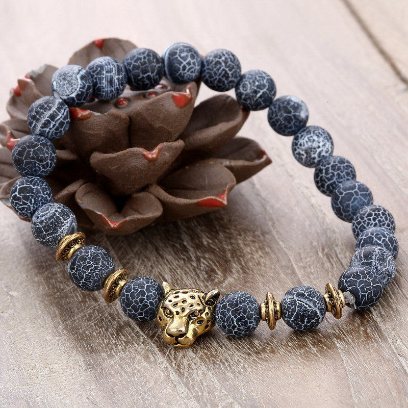 Black Natural Agate Strands Bracelet Antique Gold Silver Leopard Head Charm Bracelets