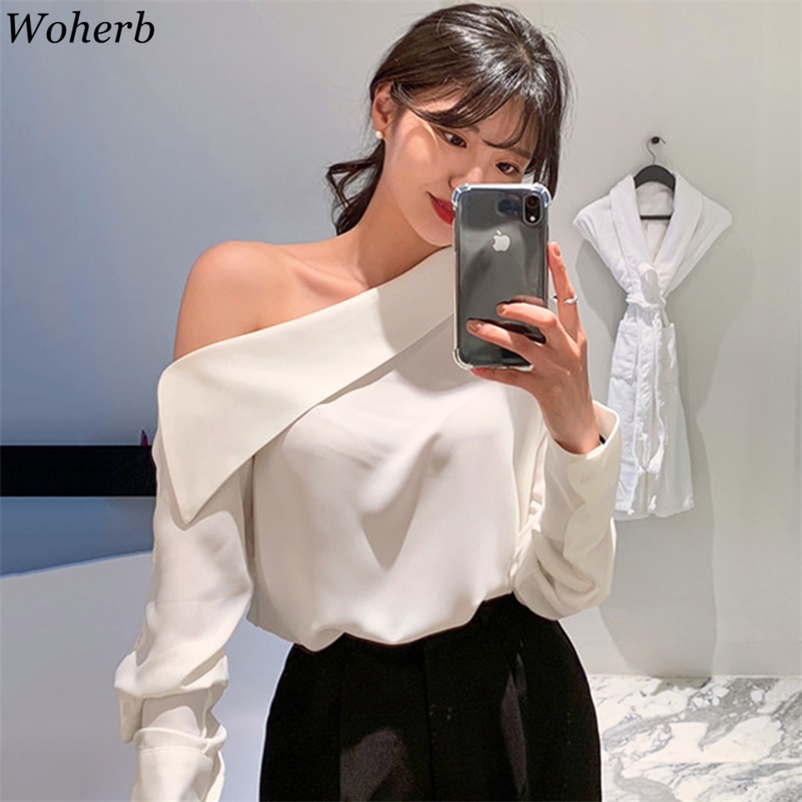 Korean Chic Off Shoulder Long Sleeve Blouse Women Sexy One Office Lady Elegant Solid Shirts Blusas Mujer 210422