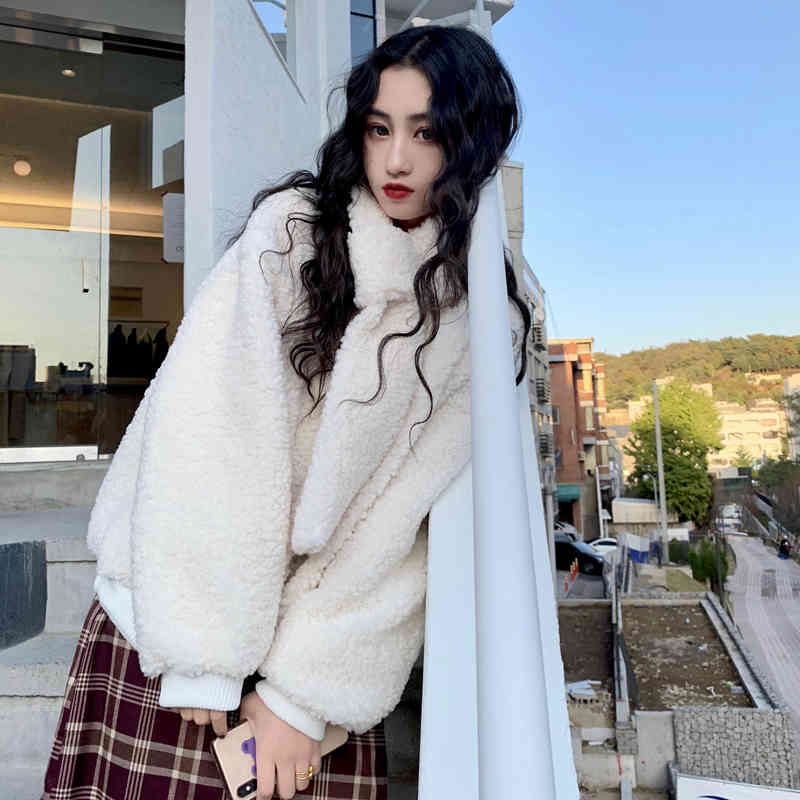 2 colors autumn winter korean style Women Sweatshirts lamb fur Long Sleeve thick warm Sweatshirt Womens pullover (C2131) 210423