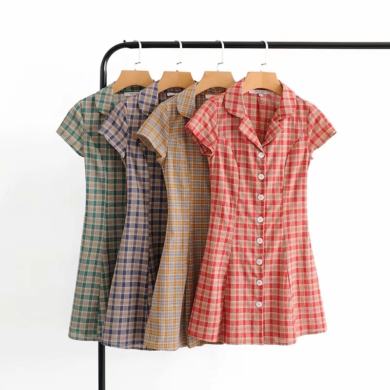 Vintage cotton linen red Plaid dress women elegant short sleeve button mini beach korean party casual vestidos 210521