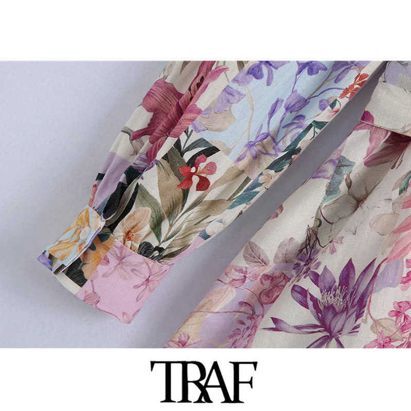 TRAF Women Chic Fashion With Belt Floral Print Mini Dress Vintage Long Sleeve Button-up Female Dresses Vestidos Mujer 210630