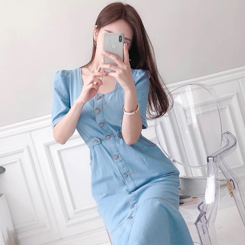 Women's Vintage Mermaid Solid Denim Dress Robe Female Short Sleeves Slim Elegant Single-Breasted Chic Summer Vestidos 210520