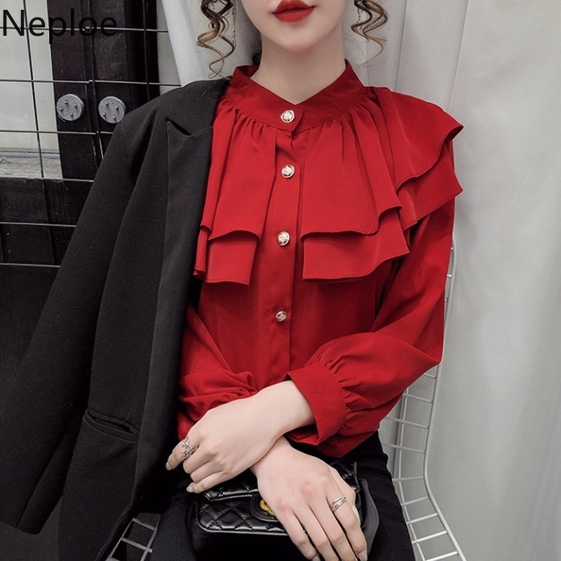Neploe Korean Blouses Women Fashion Stand Neck Ruffles Shirt Tops Temperament Single-breasted Blouse Office Lady Blusas Mujer 210422
