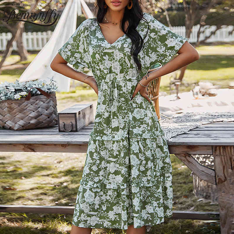 Women's V-neck Floral Print Tie Waist Elegant Swing Dresses Summer Vacation Casual Women Short Sleeve Dress 210510
