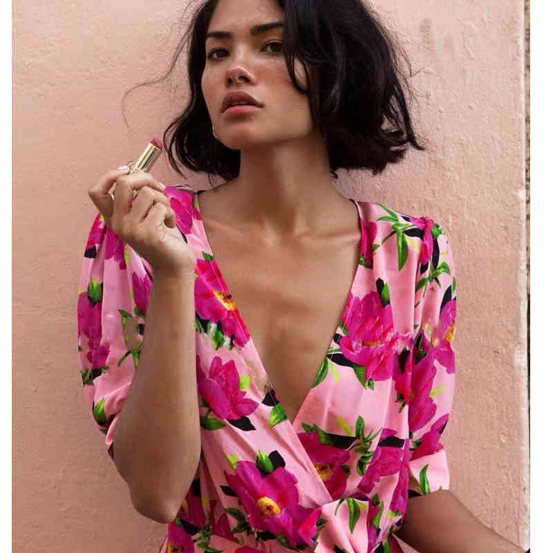 Bohemian Flowery Beach Style Dress Women V neck Button Decorative Floral Print Boho Casual Slip Fashion 210421