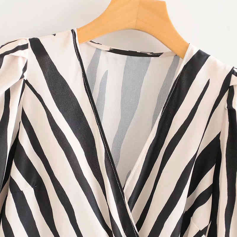 Zebra Stripe Mini Dress Women Bow Tie A Line Party Ladies V Neck Casual Long Sleeve es Vestidos Mujer 210508