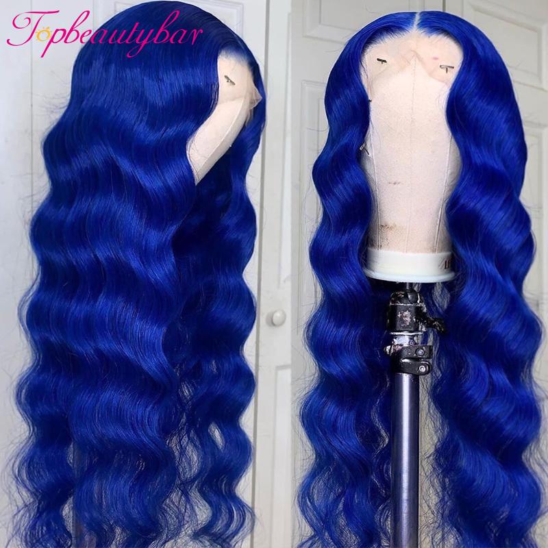 Wave Lace Front Wig Brazilian Colored Blue Human Hair Wigs Remy Pre Pluck For Women
