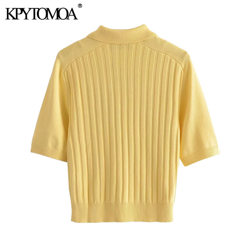 Women Fashion With Rhinestone Buttons Knitted Sweater Lapel Collar Short Sleeve Female Pullovers Chic Tops 210420