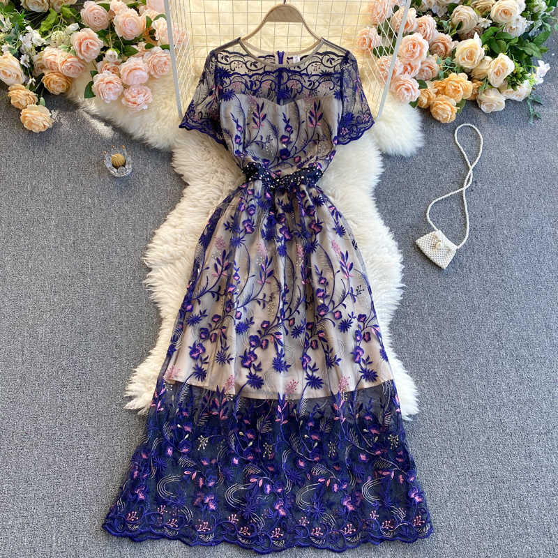 Feminine Spring Summer Round Neck Short Sleeve Gauze Hollow Hook Flower Slim Fitting A-line Elegant Dress Vestidos R223 210527