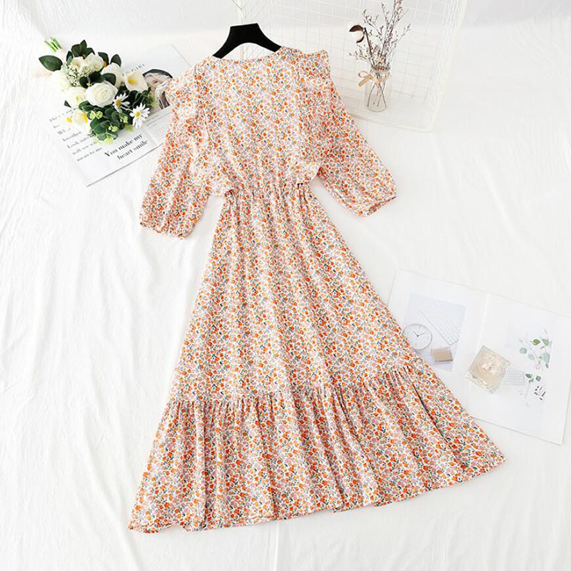 Small Fresh Floral Dress Summer Short Sleeve Elegant Ladies V-neck Chiffon Long Dress Party Vestidos Sweet Woman Clothes 210521