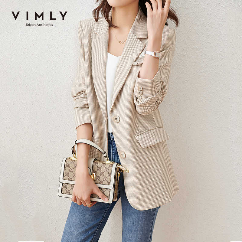 VIMLY Coat For Women Fashion Notched Single Breasted Houndstooth Blazer Office Lady Business Jackets Female Clothes F6390 210930