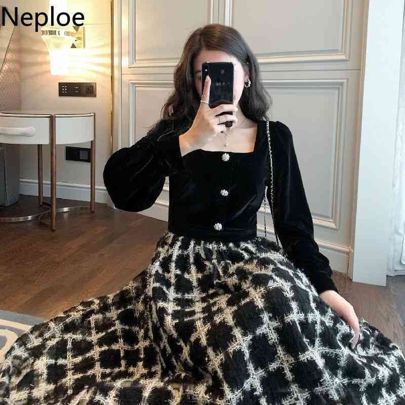 Neploe Women Party Dress Retro Elegant Plaid Dresses High Waist Black Patchwork Long Robe Korean Square Collar Velvet Vestidos 210422