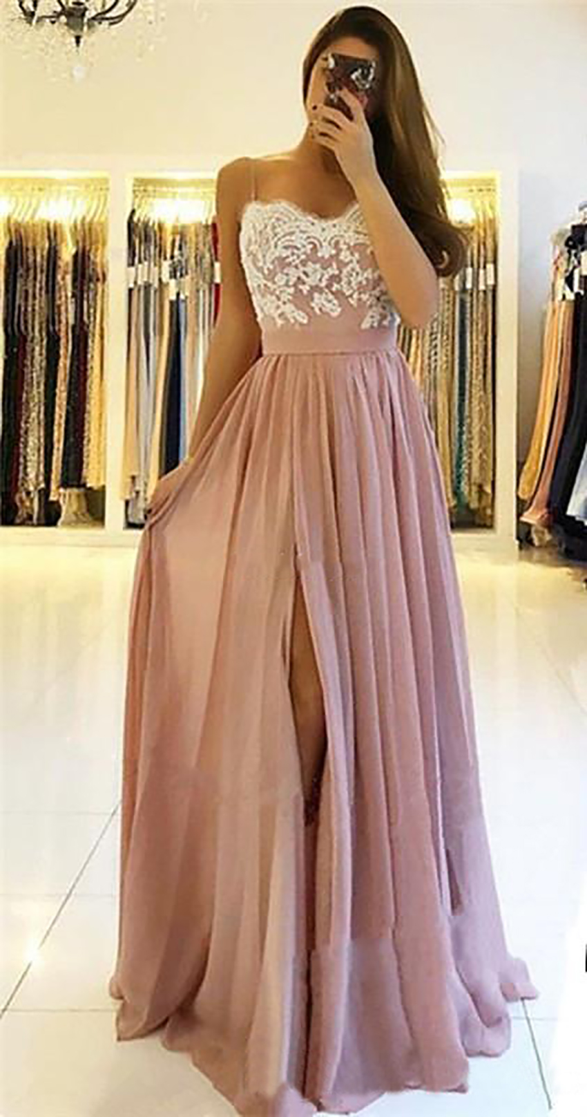 2021 Elegant Lace Long Bridesmaid Dresses Spaghetti Open Back High Side Split Sweep Train Country Style Wedding Guest Gowns Maid Of Honor Dresses