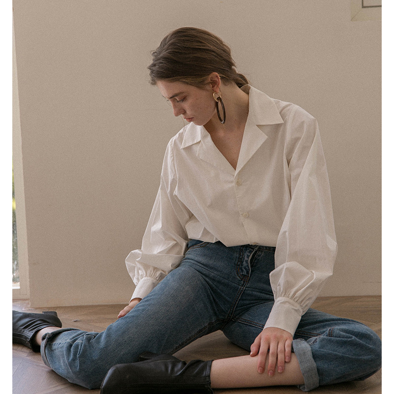 Loose Vintage White Shirt female Blouse Shirts Turn Down collar Lantern Long Sleeve Harajuku Female Elegant top 316F 210420